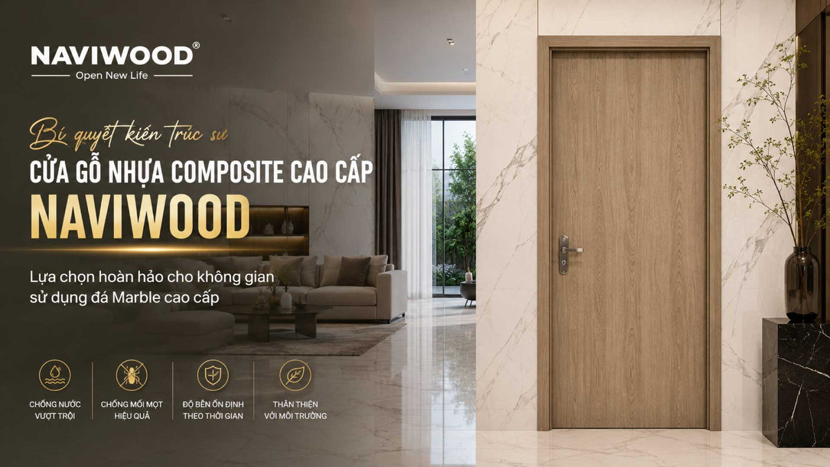 Cửa gỗ nhựa composite Naviwood cao cấp cho không gian sử dụng đá marble