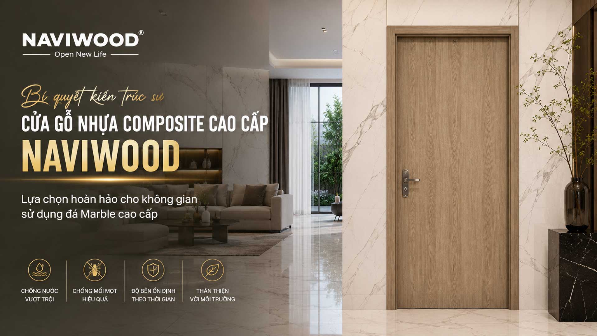 Cửa gỗ nhựa composite Naviwood cao cấp cho không gian sử dụng đá marble