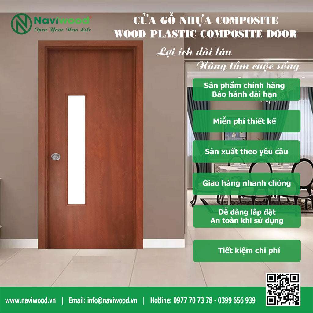 Cửa nhà vệ sinh gỗ nhựa composite đẹp - Naviwood dày 45mm nguyên khối chịu nước 100% - Cửa gỗ nhựa Naviwood