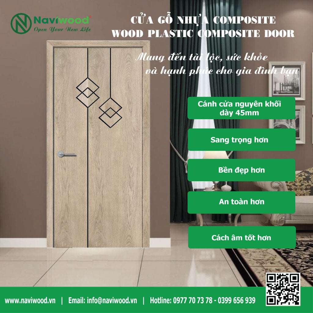 Cửa Phòng Ngủ Gỗ Nhựa Composite Naviwood NW55 - Yên Lặng Cho Giấc Ngủ Ngon - Cửa gỗ nhựa Naviwood