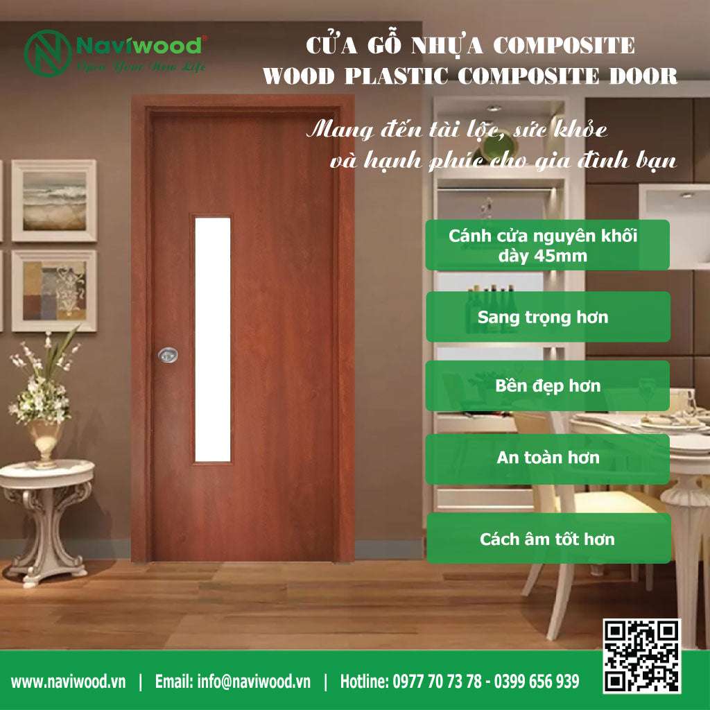Cửa nhà vệ sinh gỗ nhựa composite đẹp - Naviwood dày 45mm nguyên khối chịu nước 100% - Cửa gỗ nhựa Naviwood