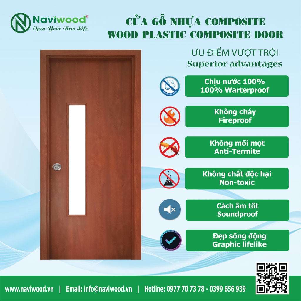 Cửa nhà vệ sinh gỗ nhựa composite đẹp - Naviwood dày 45mm nguyên khối chịu nước 100% - Cửa gỗ nhựa Naviwood