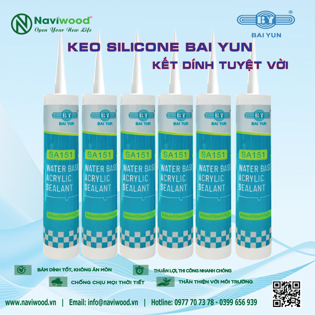 Keo Silicone Acrylic BAI YUN SA151: Khô nhanh, chống thấm - Cửa gỗ nhựa Naviwood