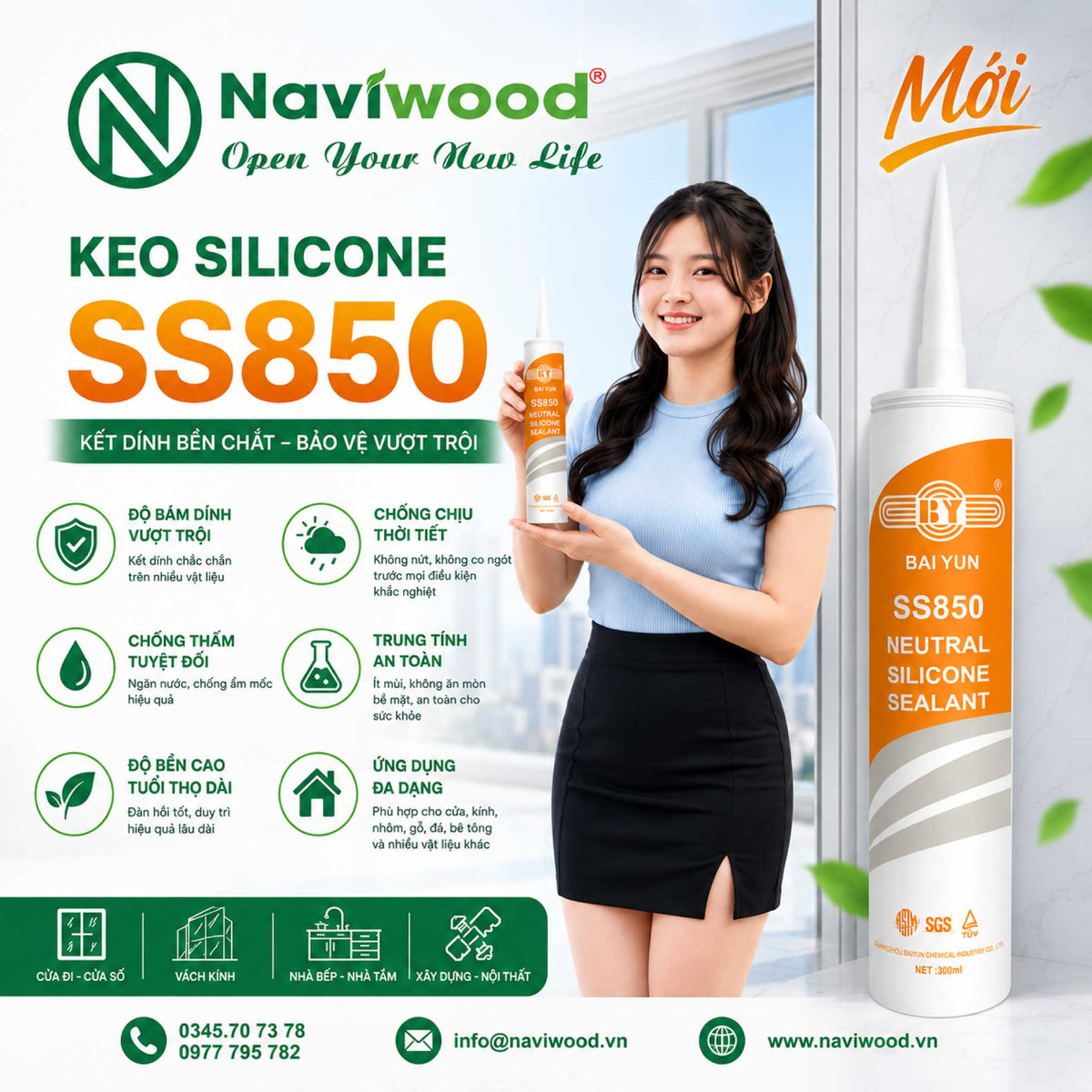 Keo Silicone Baiyun trung tính SS850: Sản phẩm cao cấp - Cửa gỗ nhựa Naviwood